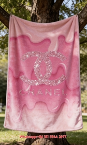 Chanel Pink Dripping Glitter CC Logo Flannel Throw Blanket IMG_7053